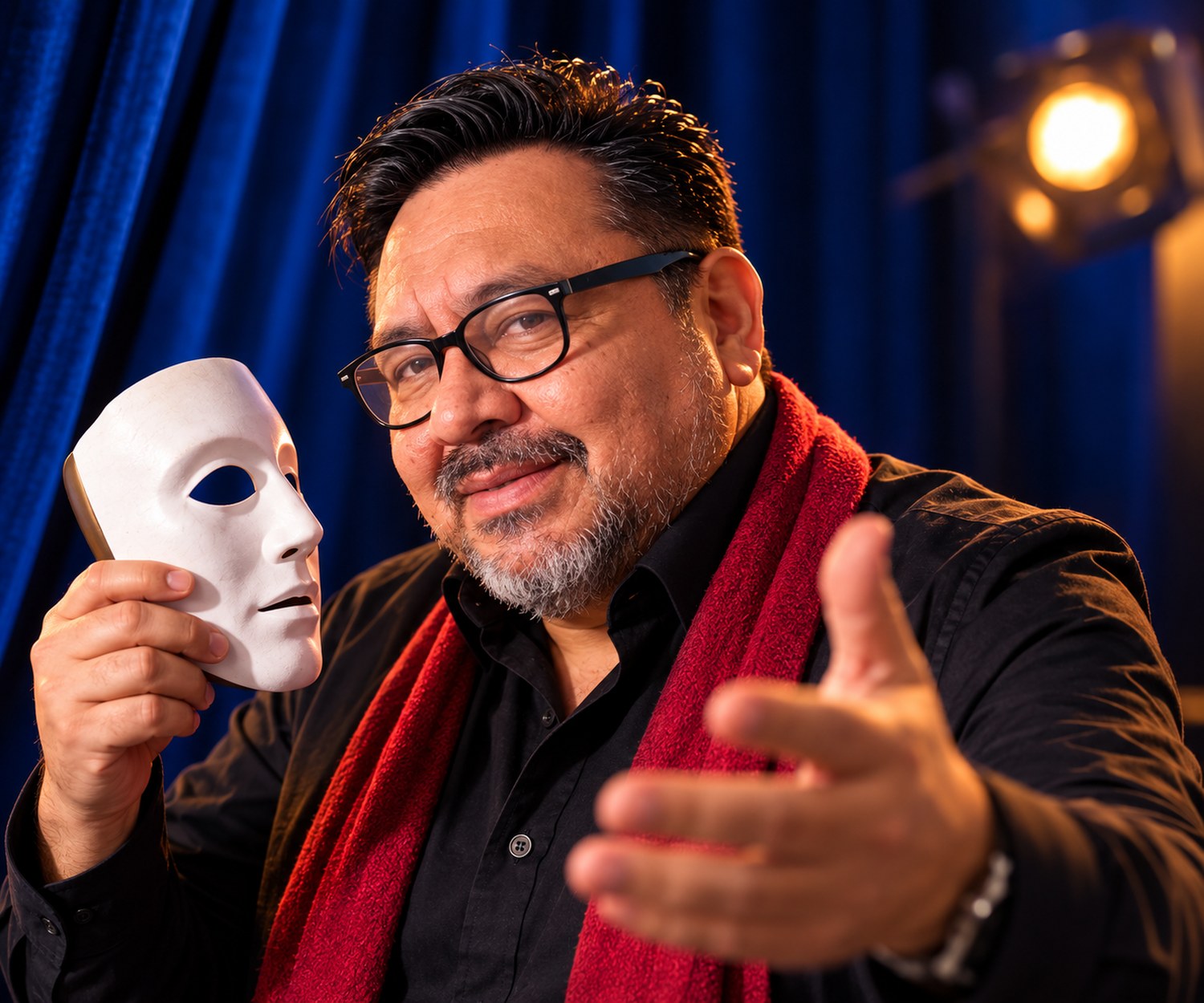 Ricardo Villacorta sosteniendo una máscara de teatro, con telón azul y luces de escenario